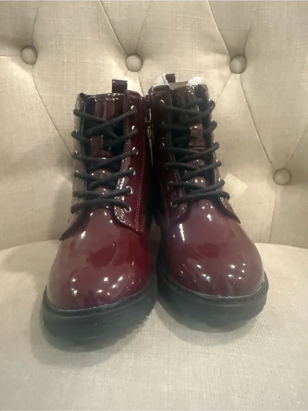 Burgundy Patent Lace-Up Girls' Combat Boots
